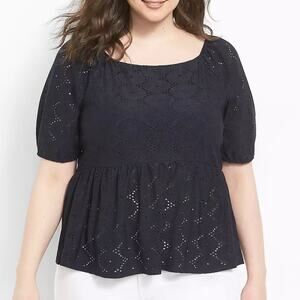 Lane Bryant Size 3X Peplum Top Navy Blue Eyelet Square Neck Puff Sleeves